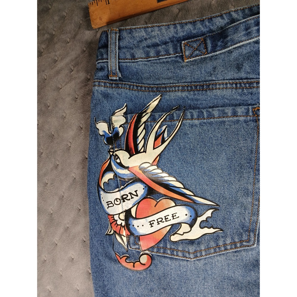 Ed Hardy Wide Leg Jeans Blue Denim Logo Print Y2K Streetwear Mens 30 - Picture 11 of 14